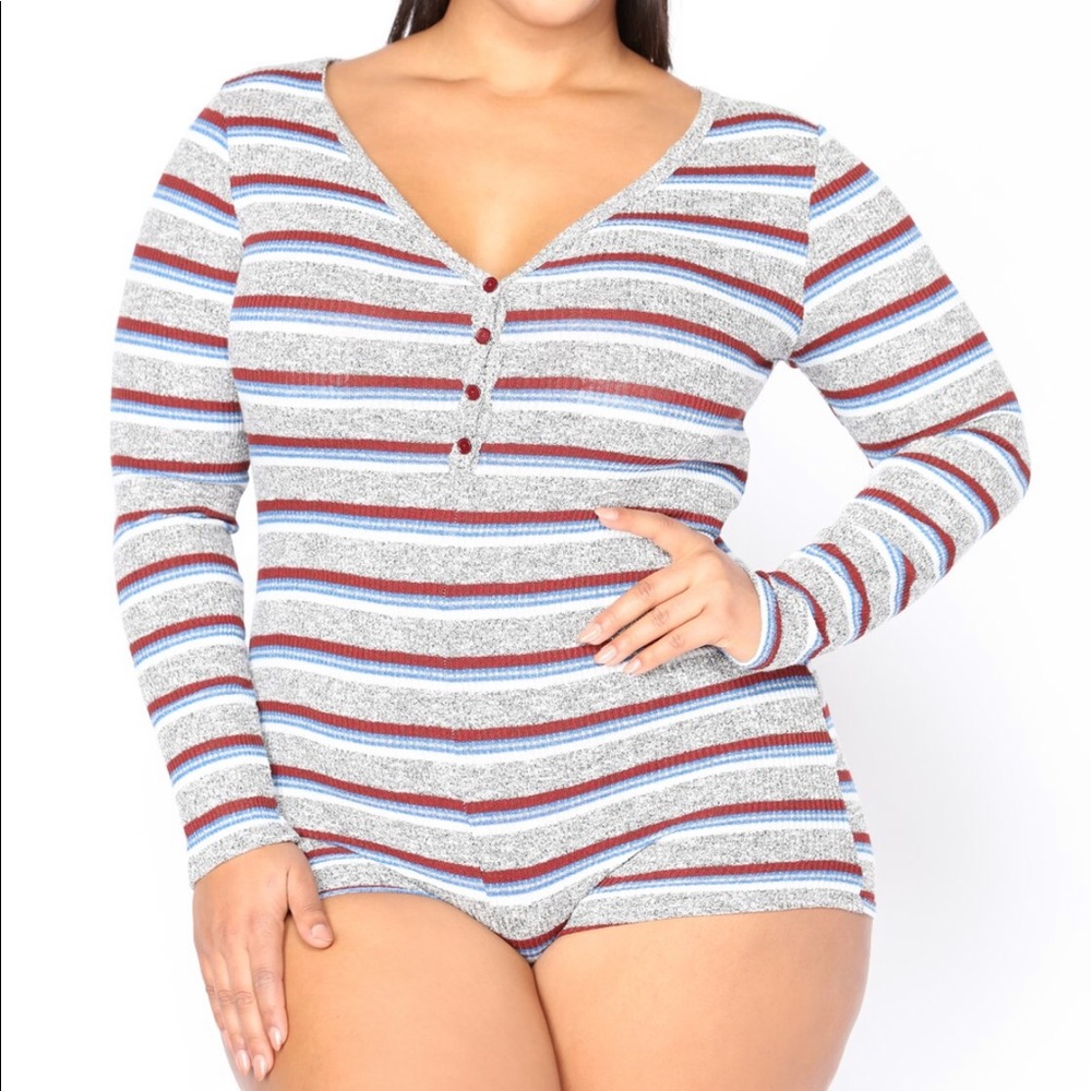 fashion nova big bear striped romper grey/stripe
